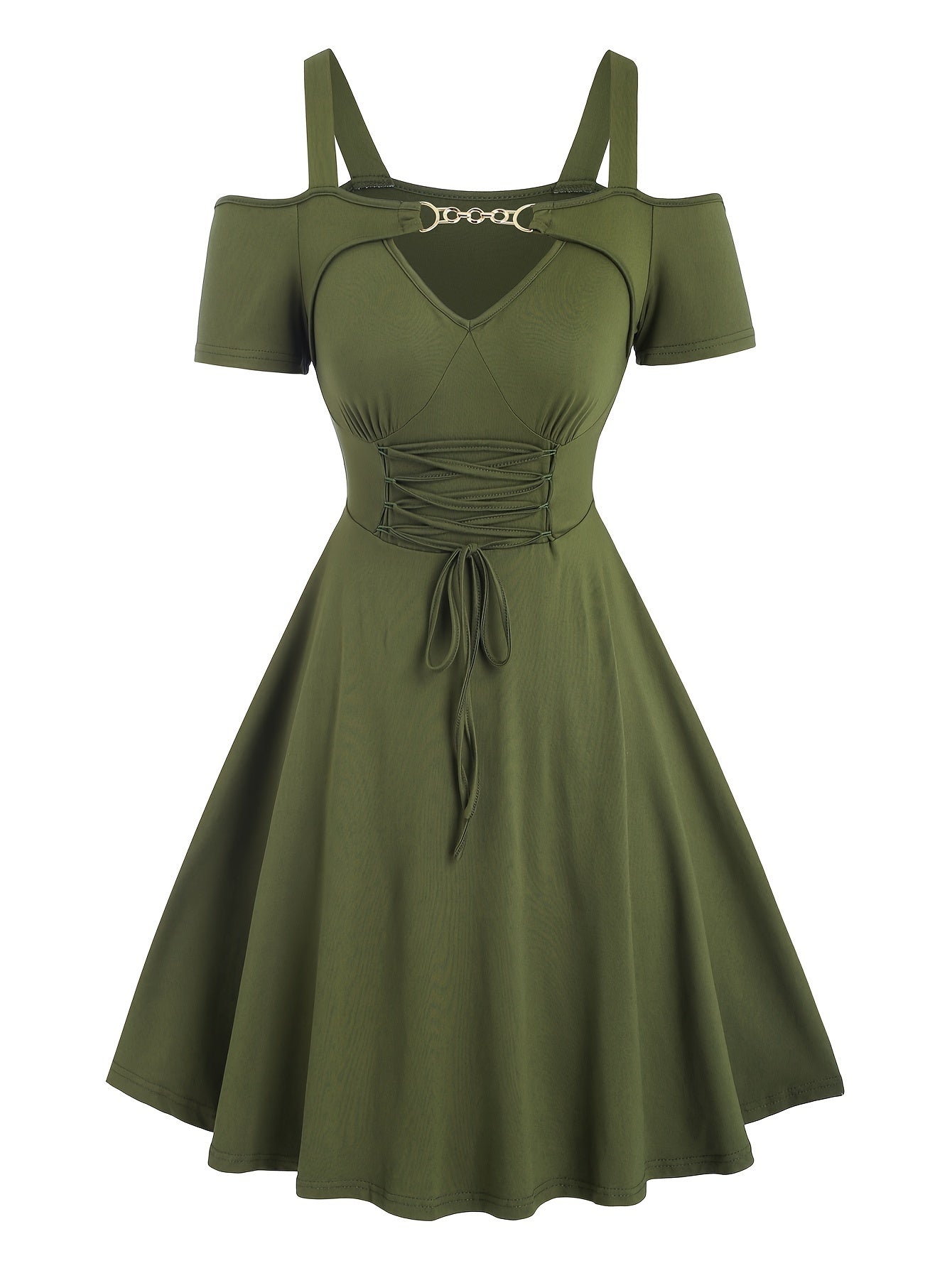Women's Cold Shoulder Chain Linked Lace Up Dress - Elegant Short Sleeve Swing Dress - For Spring & Summer - Perfect for Casual & Party Occasions - Gift for Women